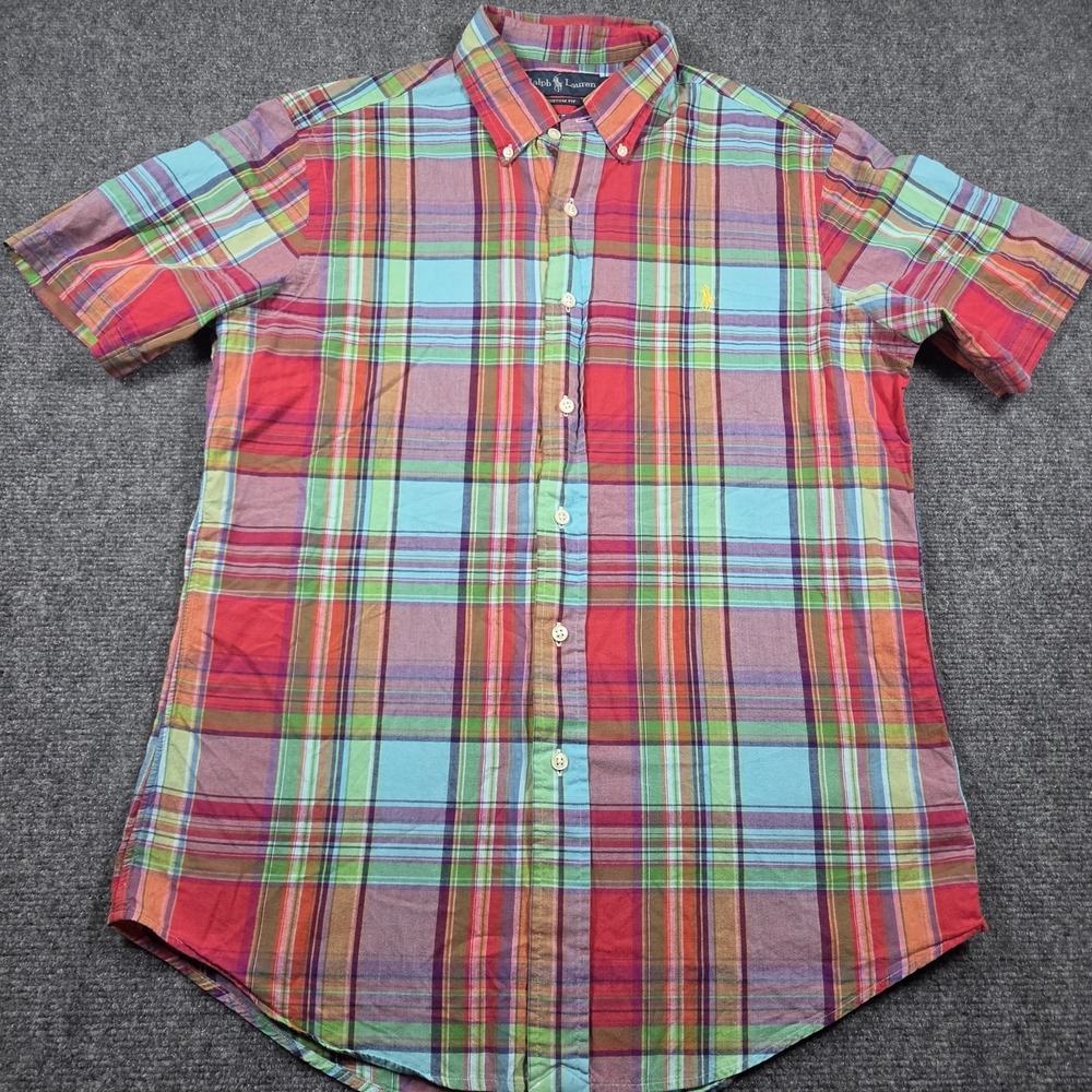 Polo Ralph Lauren Cotton S/S Shirt Mens Medium Madras Plaid Custom Fit Pony